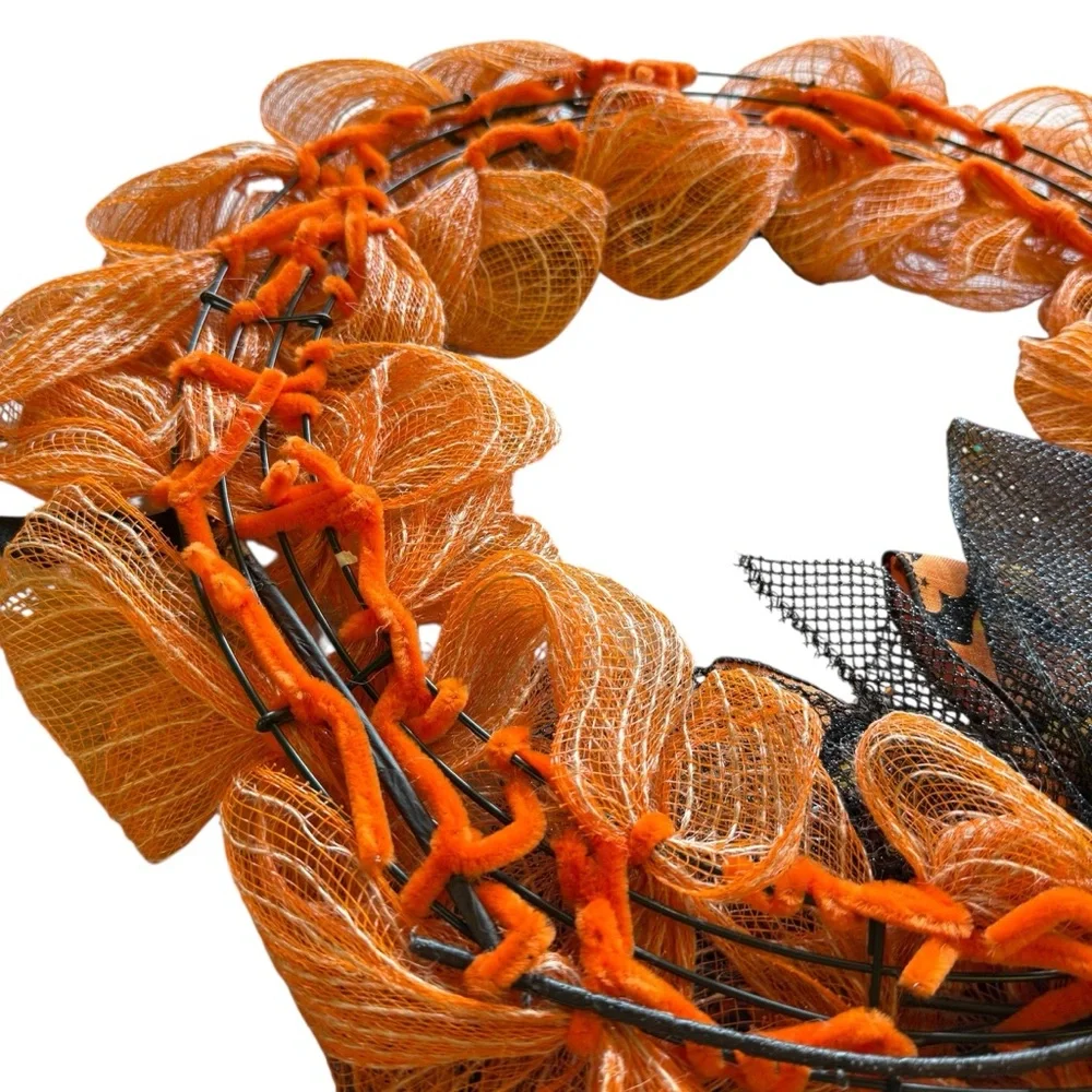Halloween Orange & White Mesh Wreath with Black Flowers, Bats Ribbon Bow 20